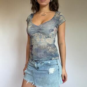 Vintage PSSST Blue Floral Printed Mesh Top